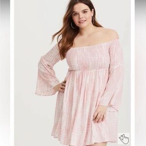 Torrid Mini Dress Size 4 Pink Plus Tie Dye Off the Shoulder Smocked Bell Sleeves